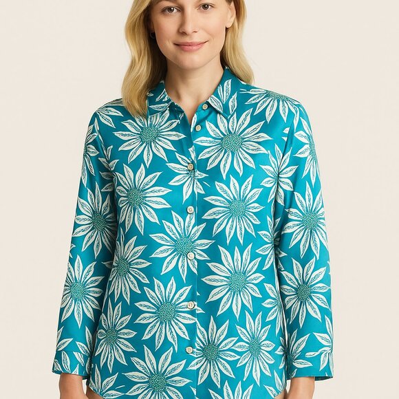 Chicos Mother of the Bride Floral Print Turquoise Silk Blend Jacket Top SZ 3 - Picture 1 of 9